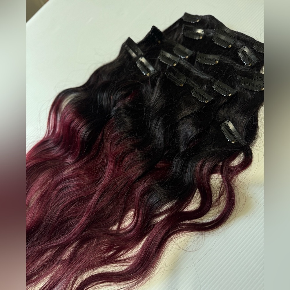 22 Inch Clip in Hair Extensions Ombre black to Burgundy 100% Human hair - Picture 4 of 5